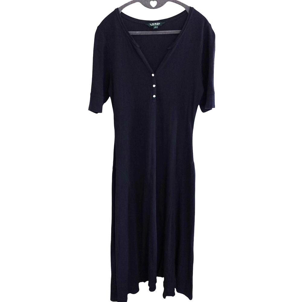Lauren Ralph Lauren Cotton Navy Henley Waffle Knit L Midi Dress Casual Preppy